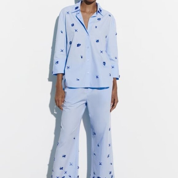 ZARA JEWEL POPLIN SHIRT AND PANTS BLUE SIZE M - Picture 2 of 7